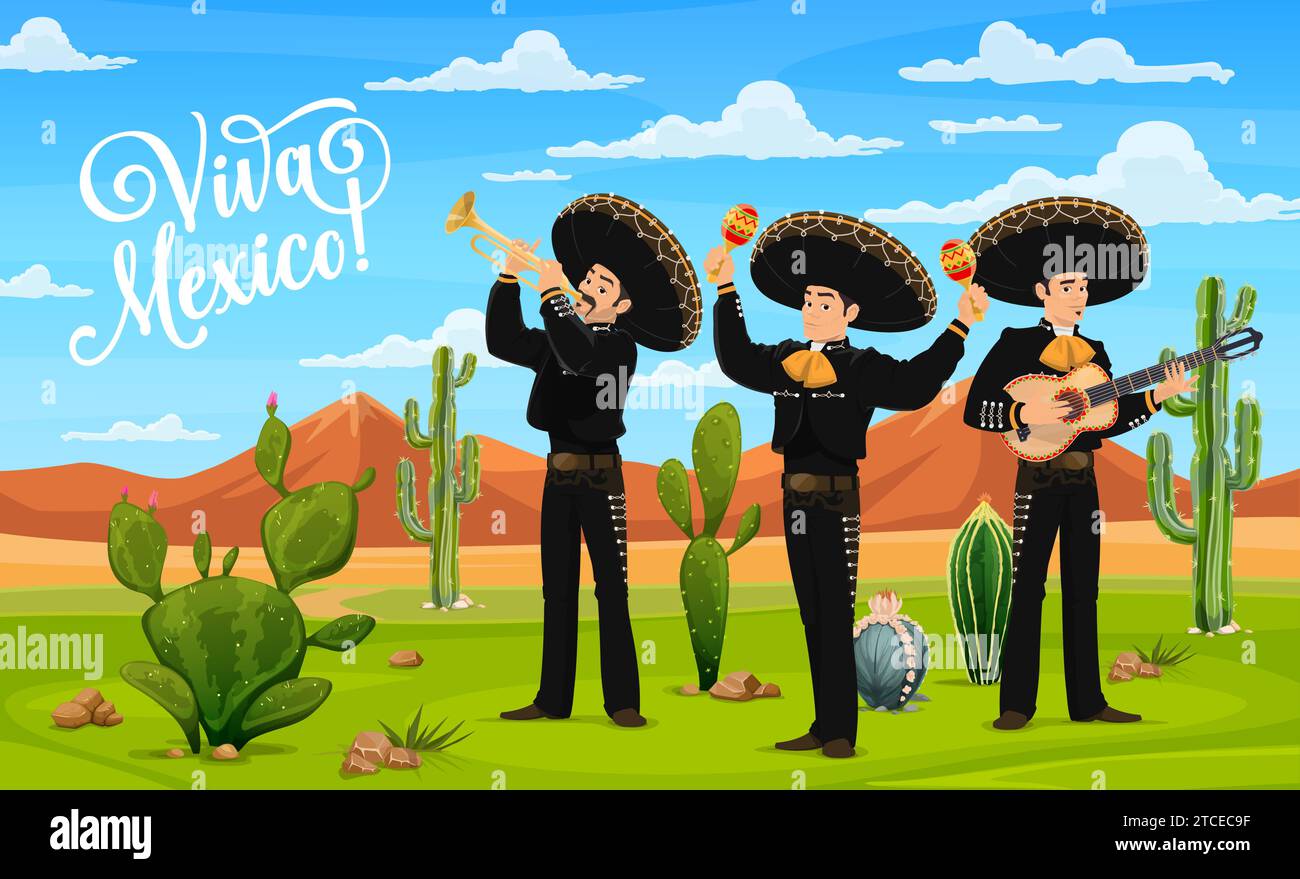 Viva Mexico Banner mit mexikanischen Mariachi-Musikern in der mexikanischen Wüste, Vektor-Hintergrund. Mexikanische Musikband Männer in Sombreros mit Gitarre, Maracas und Trompete spielen Mariachi-Musik für die feiertagsfeier Stock Vektor