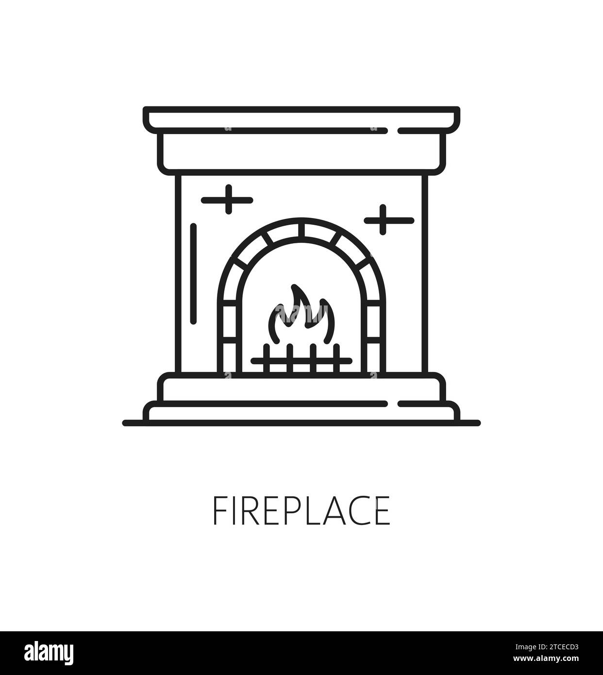 Kaminkontur Symbol. Isoliertes lineares Vektor-Schild, mit einem warmen Herd mit flackernden Flammen, bietet ein gemütliches Ambiente und Komfort. Line Art Symbol für Heizung und Wärme Stock Vektor