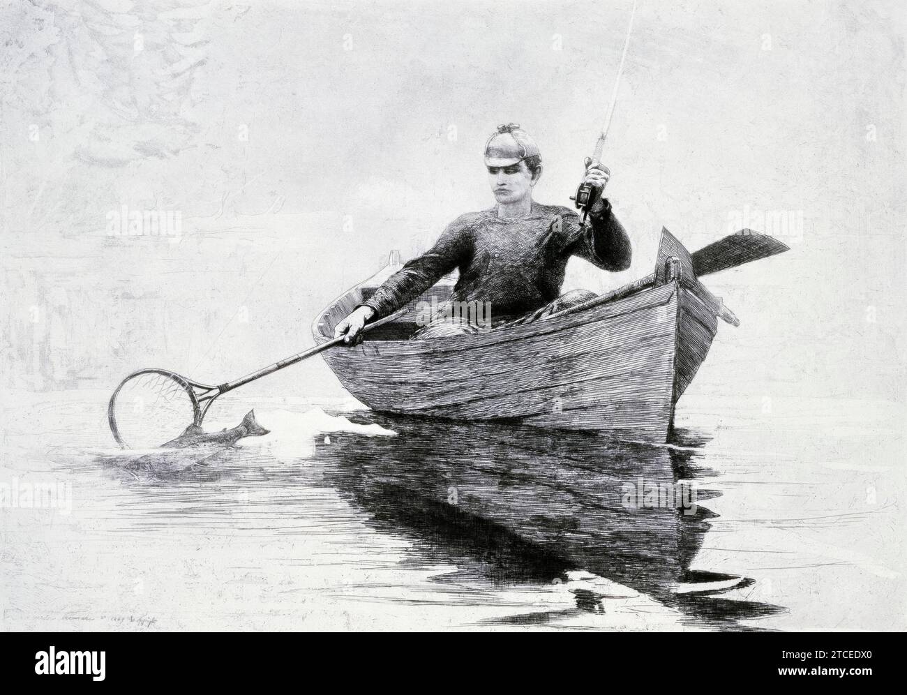 Winslow Homer, Fliegenfischen, Saranac Lake, Aquatindruck von Ätzung, 1889 Stockfoto