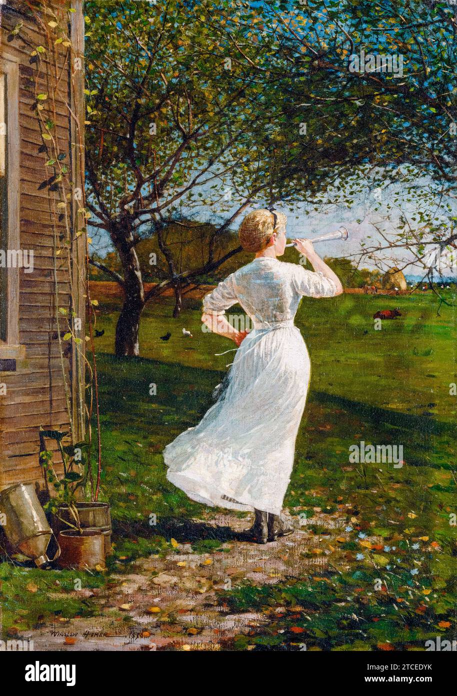 Winslow Homer, The Dinner Horn (Blowing the Horn at Seaside), Gemälde in Öl auf Leinwand, 1870 Stockfoto