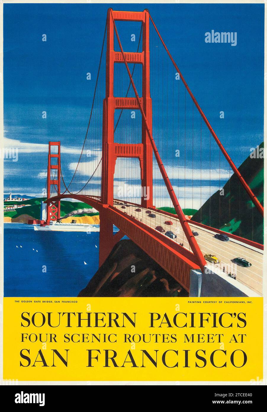 Südpazifik vier malerische Routen treffen sich an der San Francisco - Golden Gate Bridge (Ende der 1930er Jahre). Amerikanisches Reiseposter Stockfoto