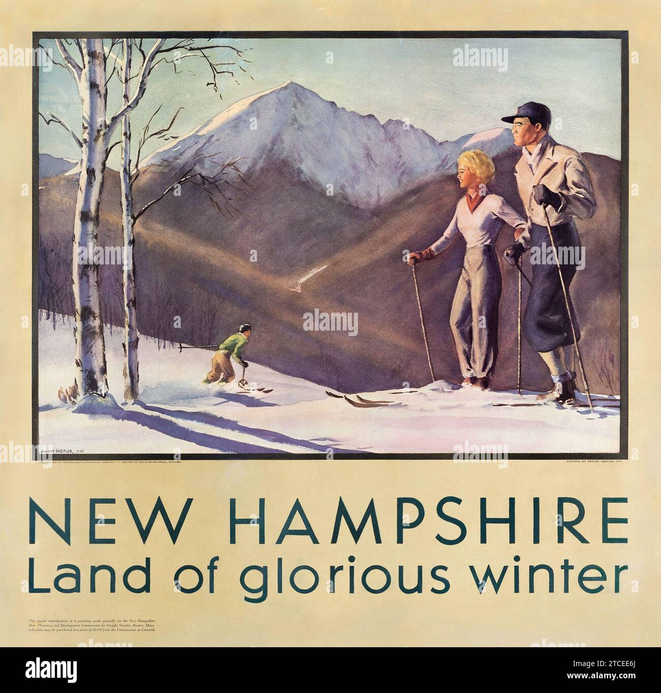 WINTERSPORT - amerikanisches Vintage-Reiseposter - New Hampshire, Land des glorreichen Winters (1936). Reiseplakat - Dwight Clark Shepler Kunstwerk ein Paar auf Skiern. Stockfoto