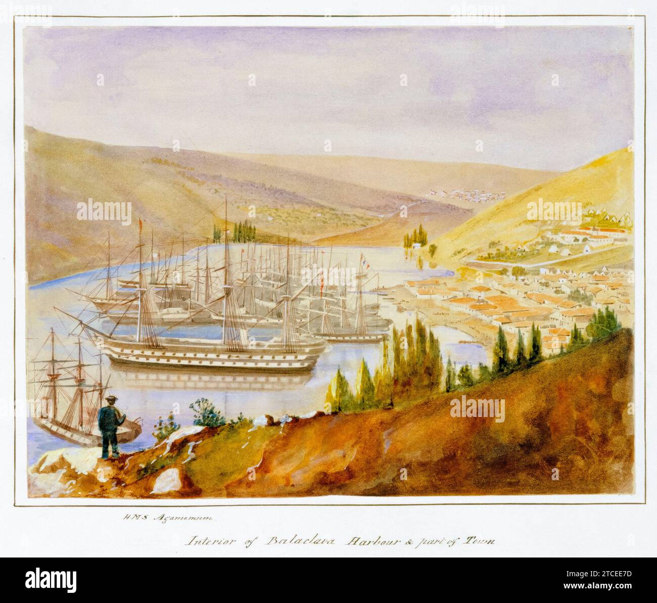 HMS Agamemnon, Inneres des Hafens von Balaclava und Teil der Stadt aus der Serie „Krim“ handkolorierter Albumenabdruck von James Robertson, 1855 Stockfoto HMS Agamemnon, Inneres des Hafens von Balaclava und Teil der Stadt aus der Serie „Krim“ handkolorierter Albumenabdruck von James Robertson, 1855 Stockfoto