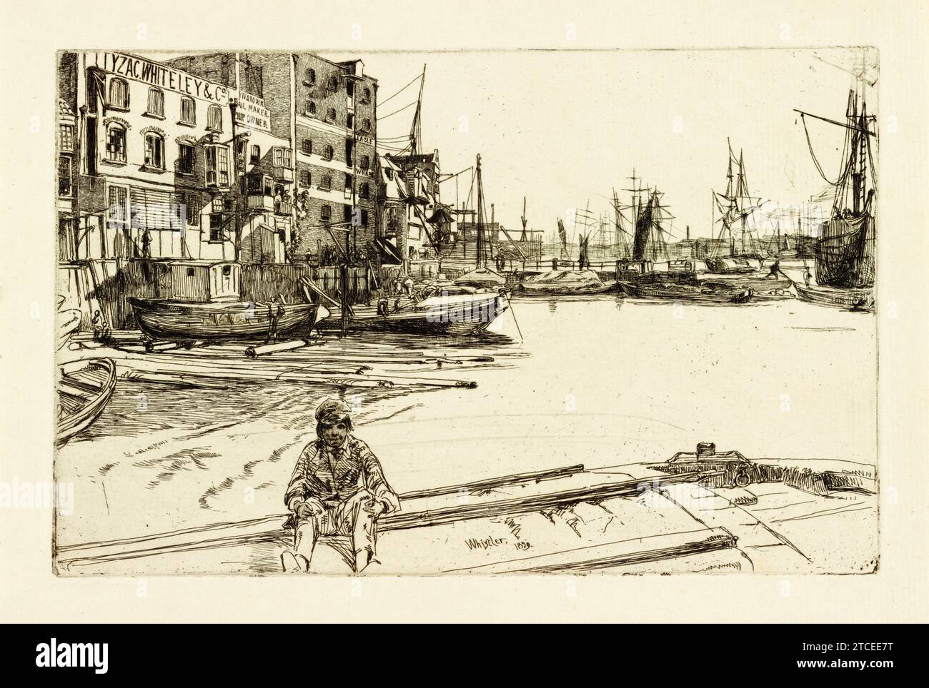 James Abbott McNeill Whistler Etching, Eagle Wharf, Landschaftszeichnung, 1859 Stockfoto