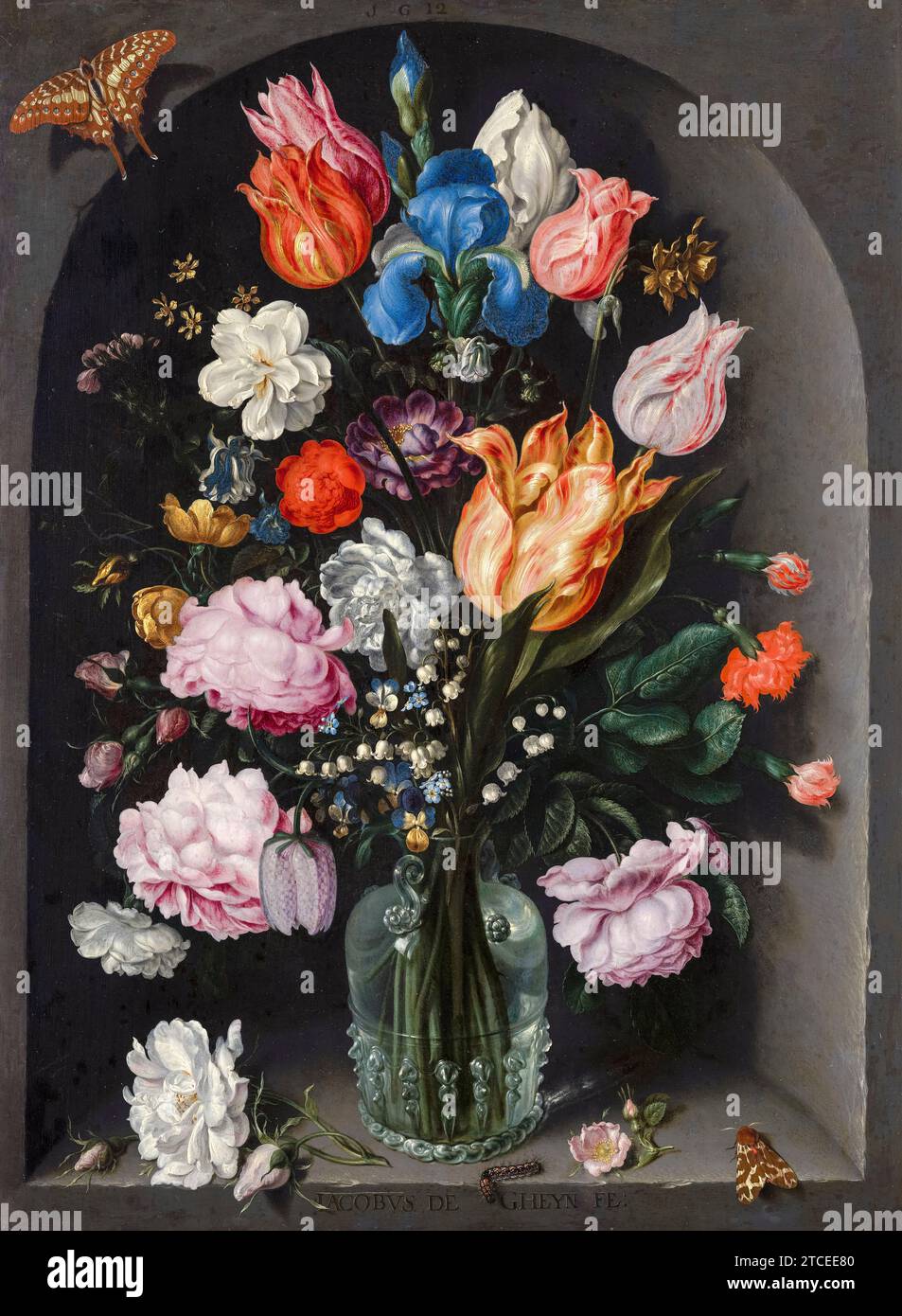 Jacob de Gheyn II., Blumen in einer Glasflasche, Stillleben Gemälde in Öl auf Kupfer, 1612 Stockfoto