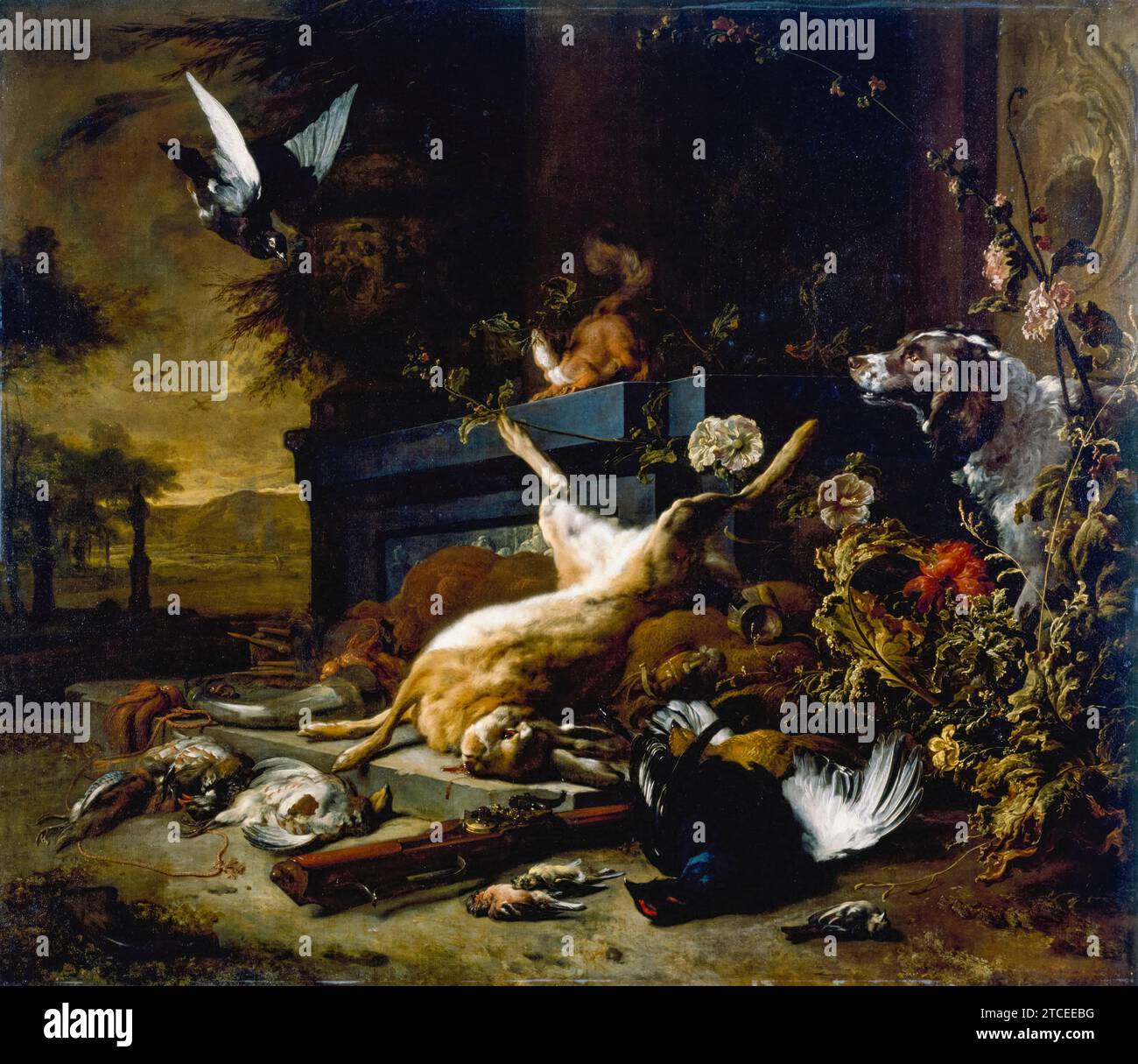 Jan Weenix, Stilleben des Spiels, einschließlich Hase, Schwarzhühner und Rebhühner, ein Spaniel, der mit einer Taube im Flug anblickt, Gemälde in Öl auf Leinwand, um 1680 Stockfoto