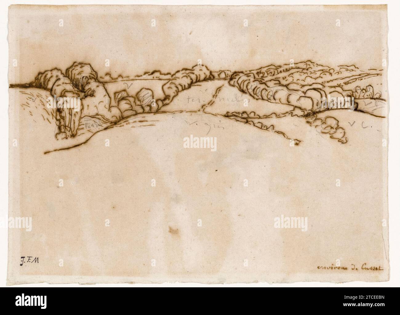 Jean Francois Millet, Environs de Cusset, Landschaftszeichnung in Stift und Tinte über Bleistift, 1864-1871 Stockfoto