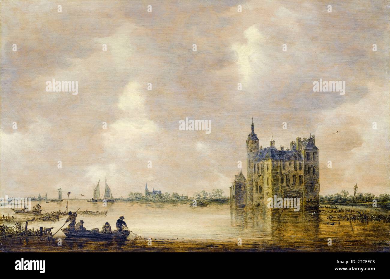 Jan van Goyen, Ein Schloss am Fluss, Landschaftsgemälde in Öl auf Tafel, 1647 Stockfoto