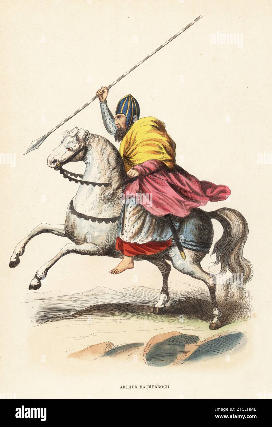 Art MacMurchadha Caomhánach, gälischer irischer Häuptling, König von Leinster, 1357-c.1417. Im Kampf zu Pferd ohne Sattel, mit Lanze. Aus einer erleuchteten Manuskript von Francis de la Marque. Arthur MacMurroch, ROI de Lenster, XIVe Siecle. Handkolorierter Holzschnitt nach Charles Hamilton Smith aus Jacques Joseph van Beverens Kostüm du Moyen Age, mittelalterliches Kostüm, Librairie Historique-Artistique, Brüssel, 1847. Stockfoto Art MacMurchadha Caomhánach, gälischer irischer Häuptling, König von Leinster, 1357-c.1417. Im Kampf zu Pferd ohne Sattel, mit Lanze. Aus einer erleuchteten Manuskript von Francis de la Marque. Arthur MacMurroch, ROI de Lenster, XIVe Siecle. Handkolorierter Holzschnitt nach Charles Hamilton Smith aus Jacques Joseph van Beverens Kostüm du Moyen Age, mittelalterliches Kostüm, Librairie Historique-Artistique, Brüssel, 1847. Stockfoto