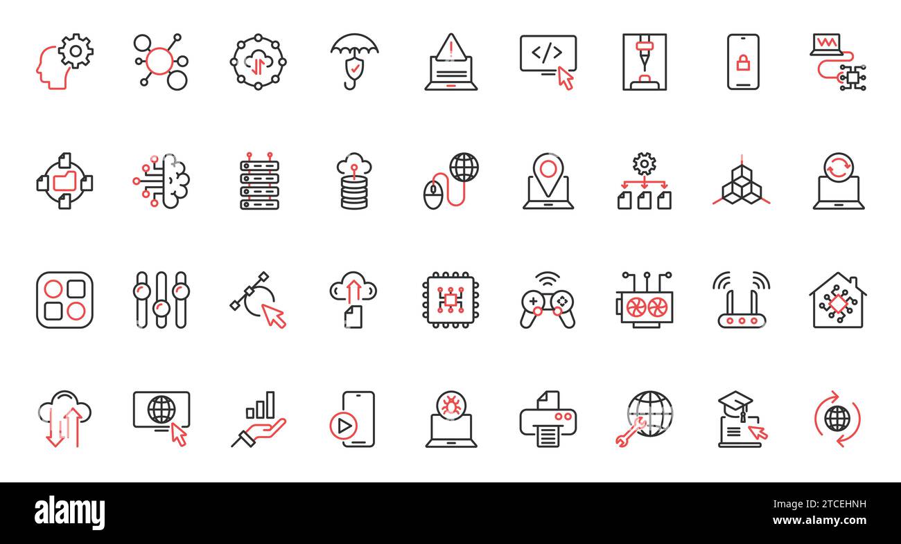 Symbole für Computerdatenbanken im Internet-Netzwerk, Schutz für Big-Data-Analysen, Austausch-Download, Support-Center. Informationstechnologie trendige rote schwarze dünne Liniensymbole stellen die Vektordarstellung ein. Stock Vektor