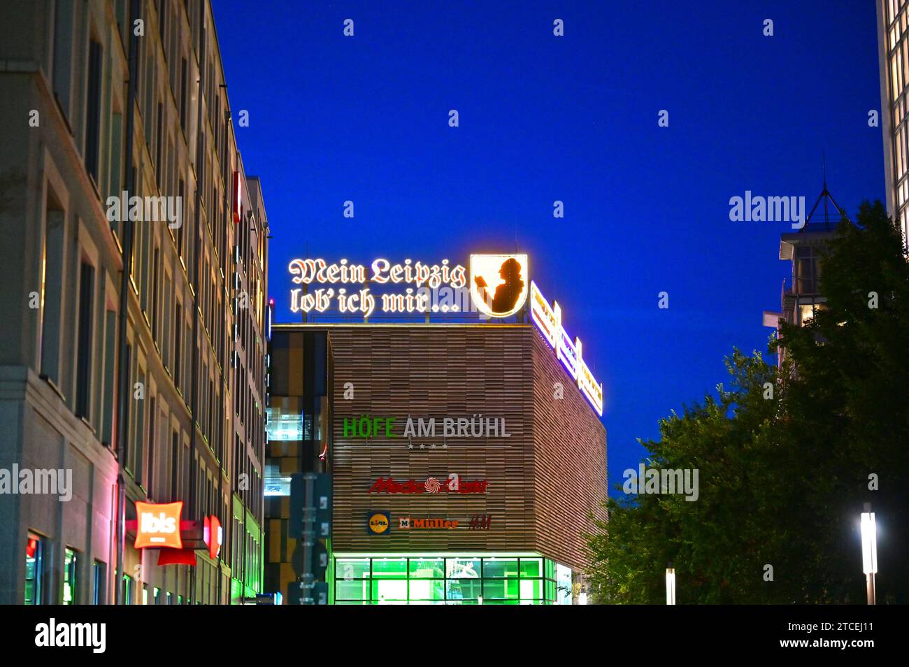 Historische Leuchtschilder „Ich lobe mein Leipzig“ (Goethe) und „Welcome to Leipzig“ in vier Sprachen auf den Dächern der Höfe am Brühl in Leipzig Stockfoto