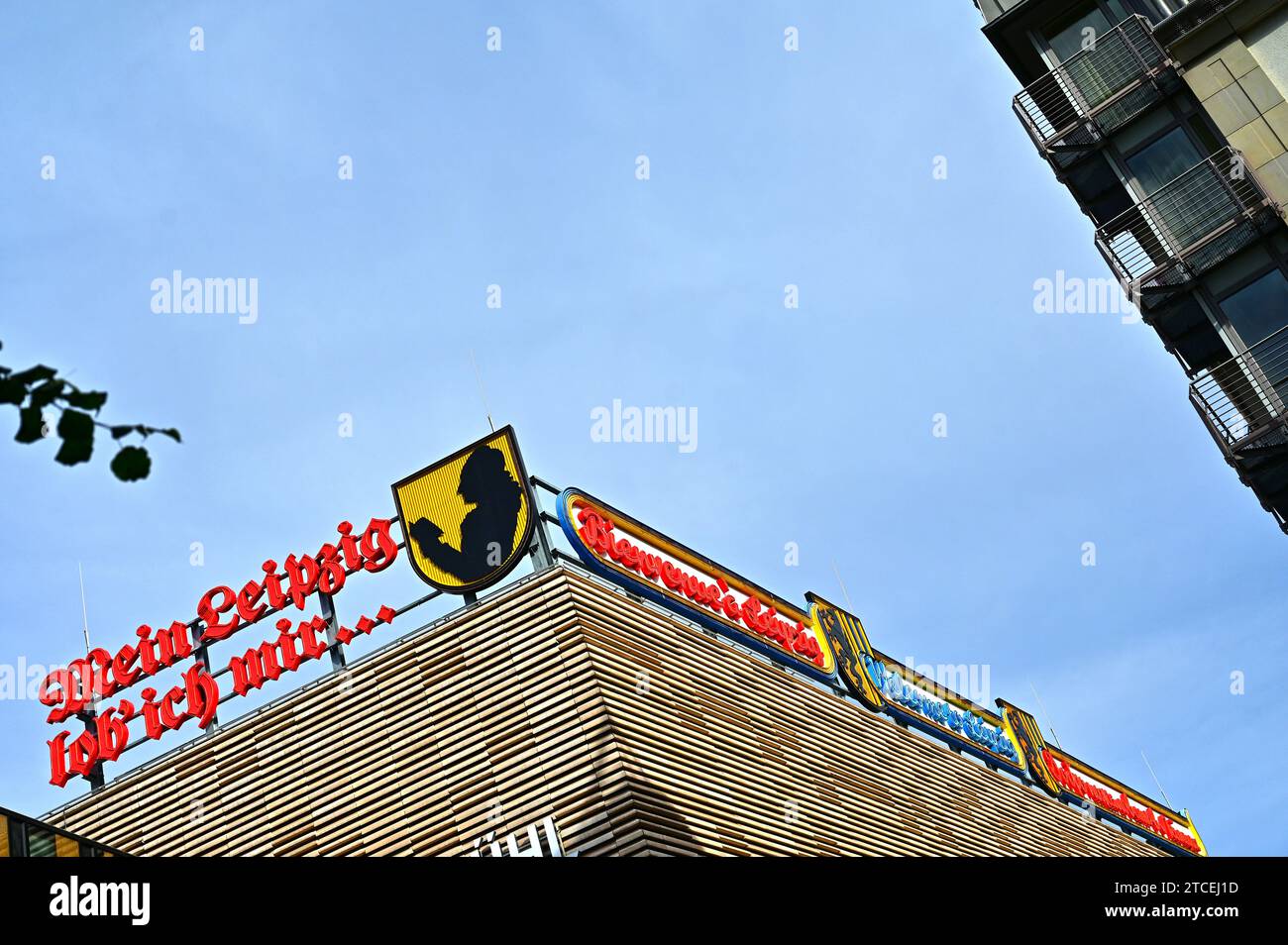 Historische Leuchtschilder „Ich lobe mein Leipzig“ (Goethe) und „Welcome to Leipzig“ in vier Sprachen auf den Dächern der Höfe am Brühl in Leipzig Stockfoto