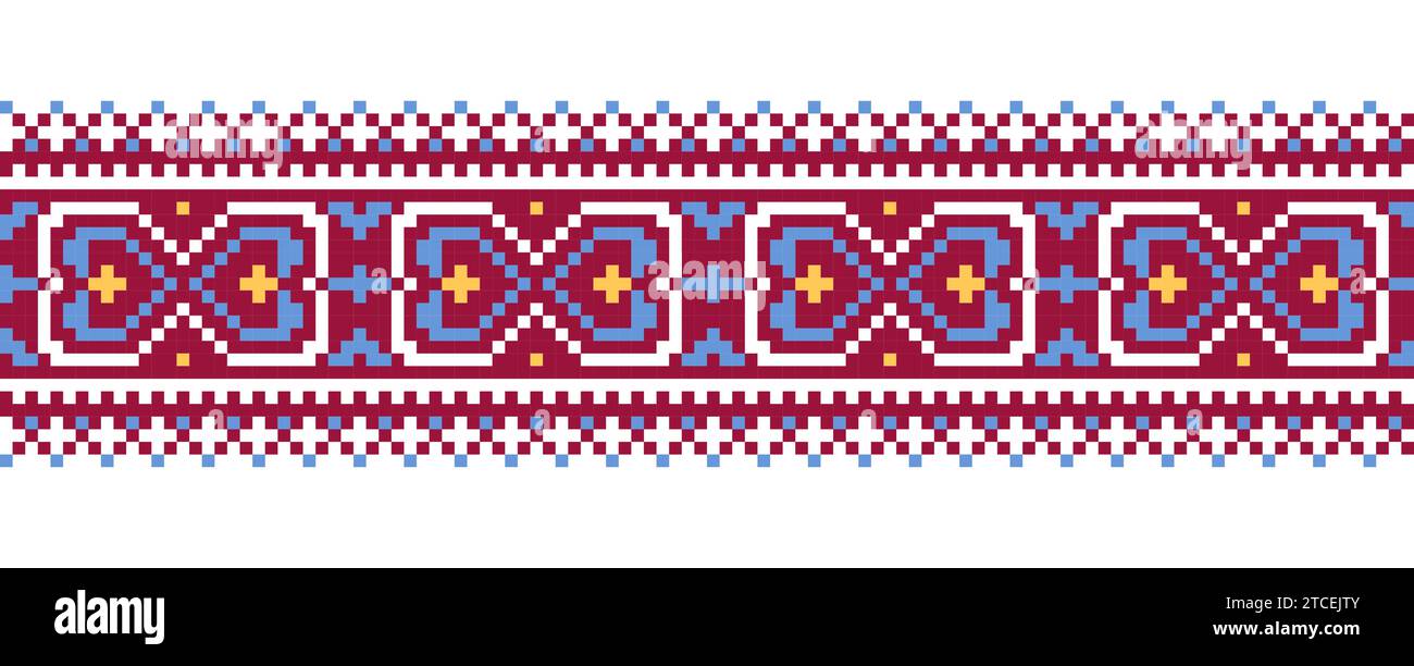 Ukrainian colorful embroidery vector ornament, border, pattern. Pixel art, cross stitch Stock Vektor