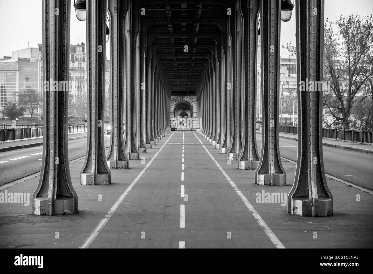 Promenade Jean-Paul Belmondo. Lange Reihe von Metallsäulen der erhöhten U-Bahn. Bir-Hakeim-Brücke in Paris, Frankreich. Schwarzweißbild. Stockfoto