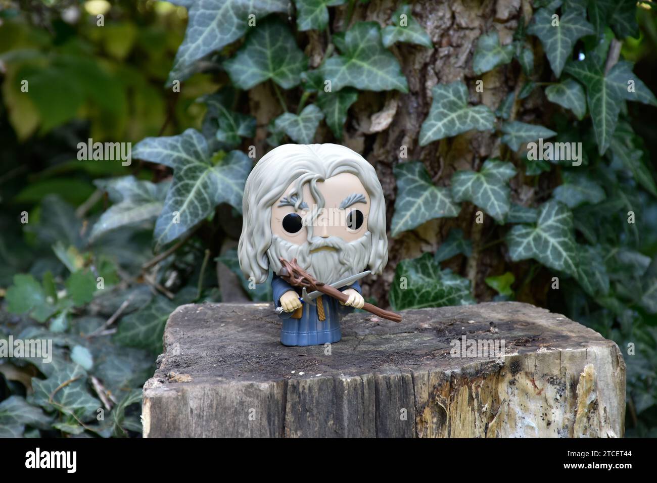 Funko Pop Actionfigur des Zauberers Gandalf the Grey mit Schwert und Stab aus dem Fantasy-Film der Herr der Ringe. Grüne Efeublätter, magischer Wald. Stockfoto