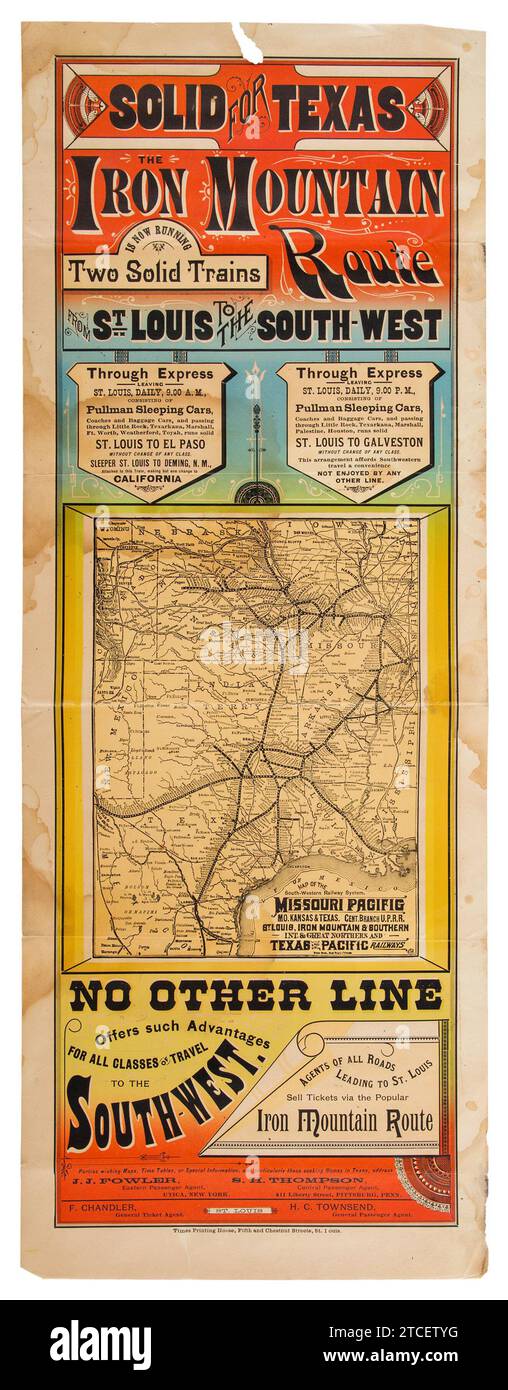 Railroad Broadside mit Karte - 'Solid for Texas. Die Iron Mountain Route verkehrt heute zwei Solid Trains von St. Louis in den Südwesten." c 1880s Stockfoto