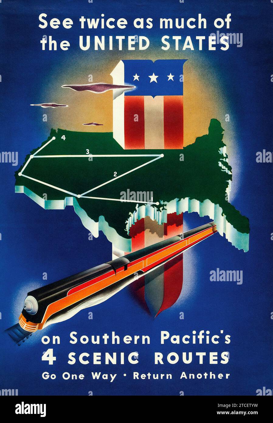 Southern Pacific Railway (1938). Reiseposter für die Vereinigten Staaten – Stanley Brower Kunstwerk – 4 malerische Routen Stockfoto