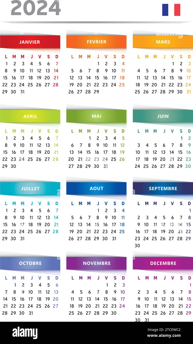 Kalender 2024 mit Feldern in Regenbogenfarben 4 Spalten – Französisch Stock Vektor