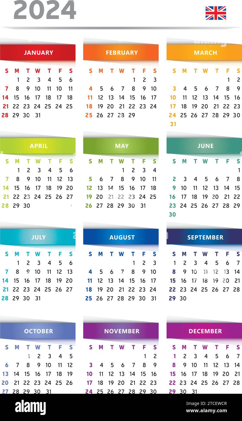 Kalender 2024 mit Feldern in Regenbogenfarben 4 Spalten – Englisch Stock Vektor