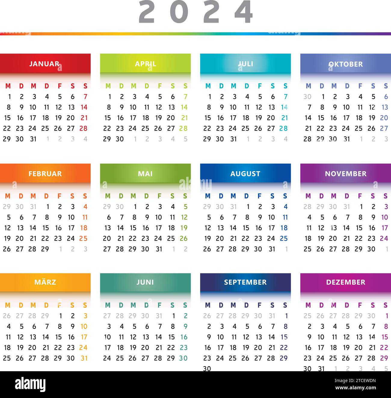 2024 Kalender mit Kästchen in Regenbogenfarben 4 Spalten - Deutsche Sprache Stock Vektor