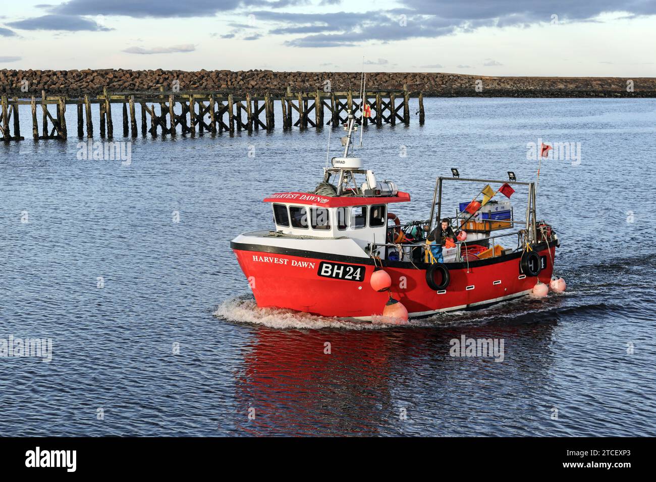 Fischerboot zurück zum Amble Harbour, Northumberland, Großbritannien Stockfoto