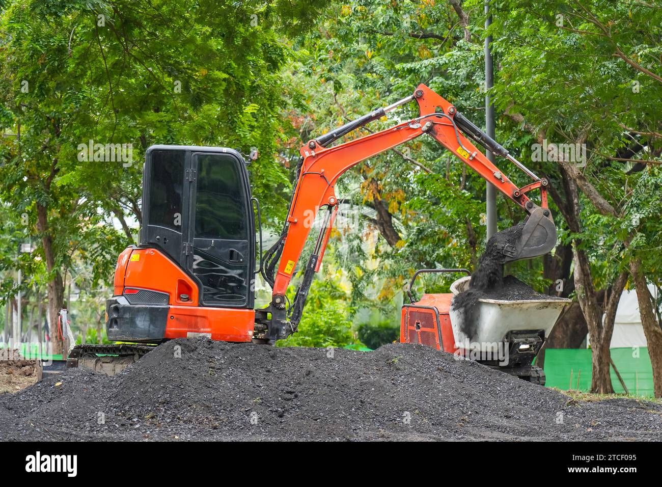 Der orangefarbene Minibagger im Betrieb gräbt und lädt im hinteren Teil einer Mini-Bahre Bulldozer fruchtbaren Boden im Park Stockfoto