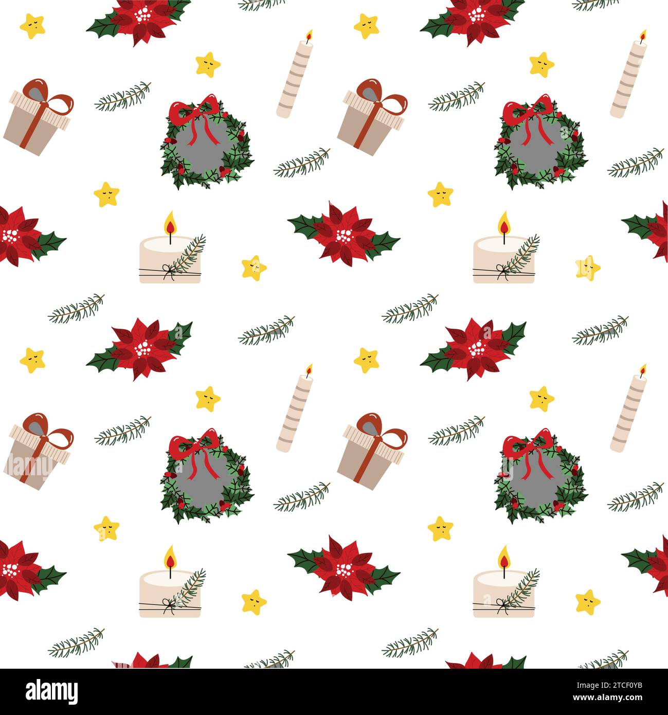 Nahtloses Muster mit botanischen Weihnachtspflanzen, Blumen und Glocken. Stock Vektor