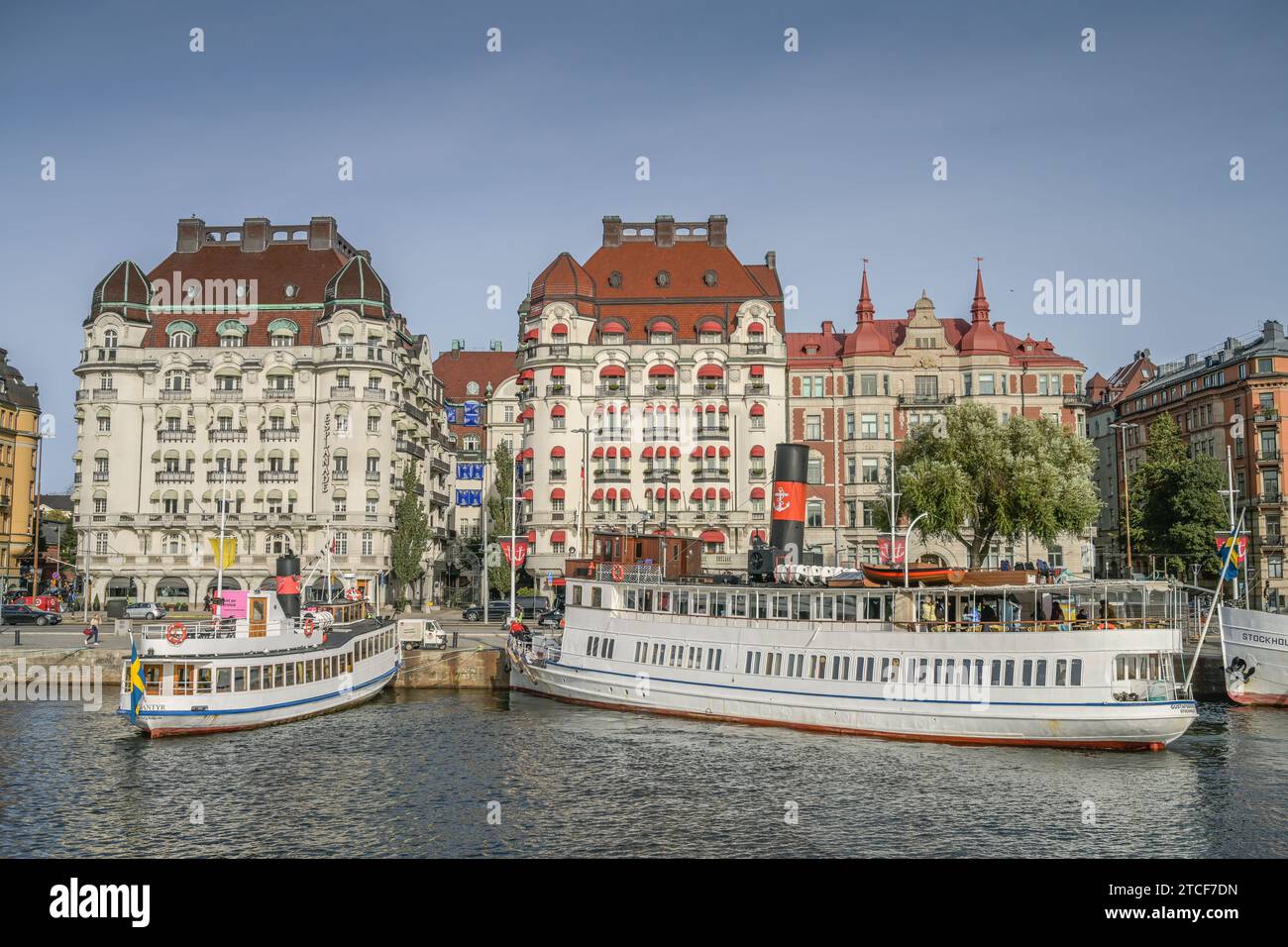 Ausflugsdampfer, Bucht Nybroviken, Hotel Esplanade, Hotel Diplomat, Strandvägen, Schweden, Stockholm, Schweden Stockfoto