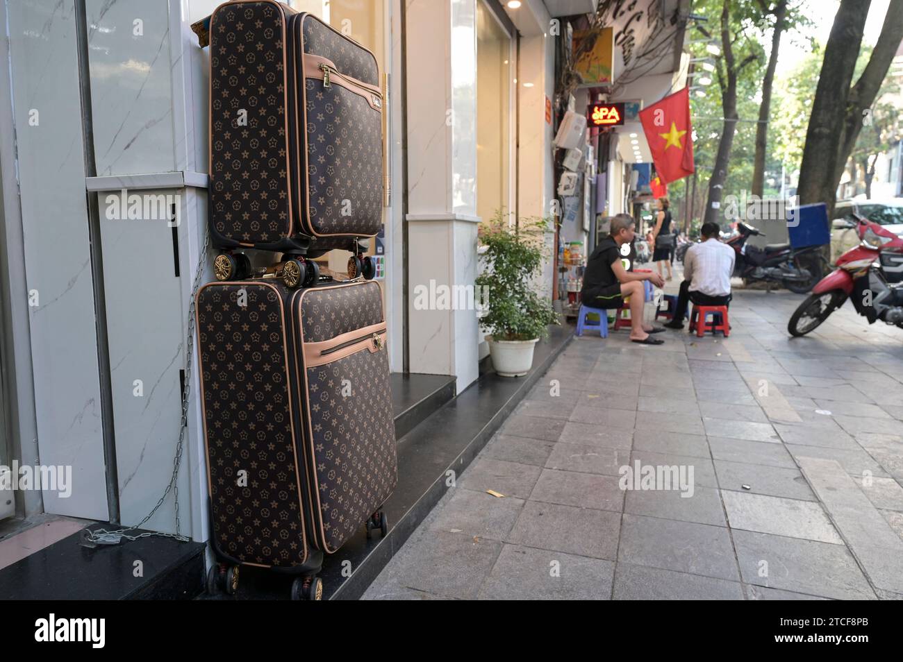 VIETNAM, Hanoi City, Shop bietet gefälschte louis vuitton Taschen Stockfoto