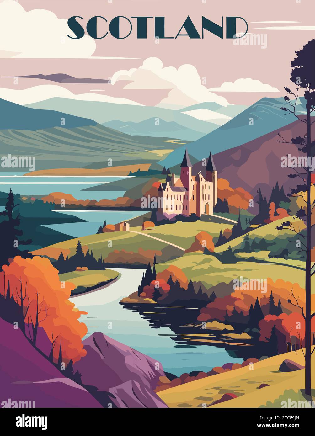 Schottland-Reiseziel-Poster im Retro-Stil. Stock Vektor