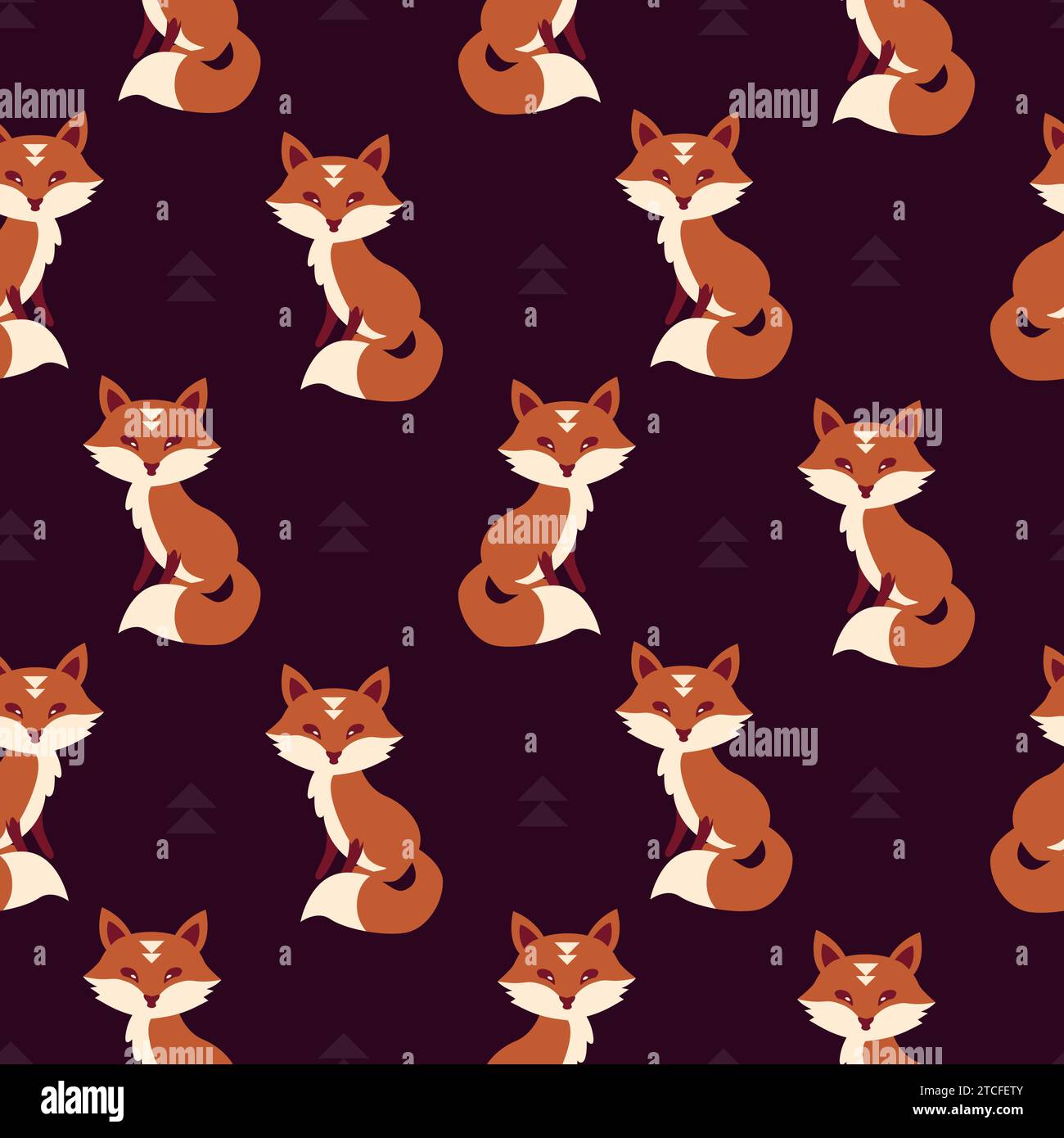 Niedliche Füchse und Waldpflanzen Elemente. Wildes Tier im Wald. Lila und oranges Wiederholungsmuster für Tapeten und Stoffhintergrund. Stock Vektor