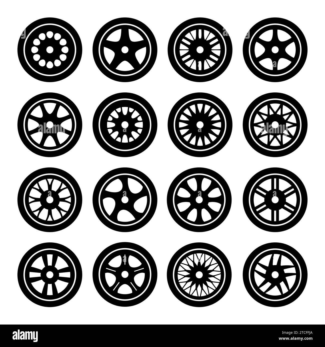 Symbole für Felgen im Auto gesetzt. Kfz- und andere Kfz-Ersatzteile Scheibenfelgen mit Reifensilhouette. Reparaturwerkstatt oder Servicewerkstatt. Vektorabbildung Stock Vektor