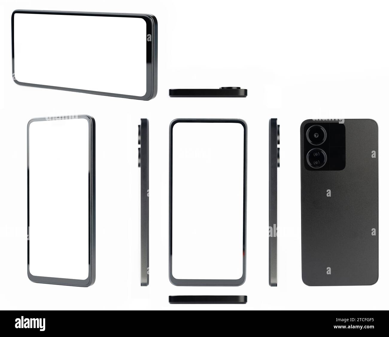Schwarzes Smartphone isoliert verschiedene Ansichten mit sauberem, leerem Bildschirm Stockfoto