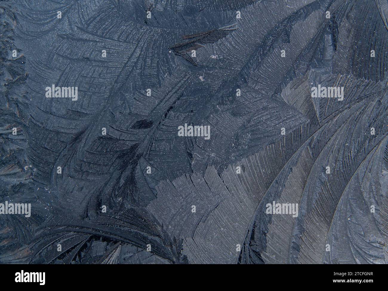 Frostmuster auf der Windschutzscheibe nach einer eiskalten Nacht. Yorkshire, Großbritannien. Stockfoto