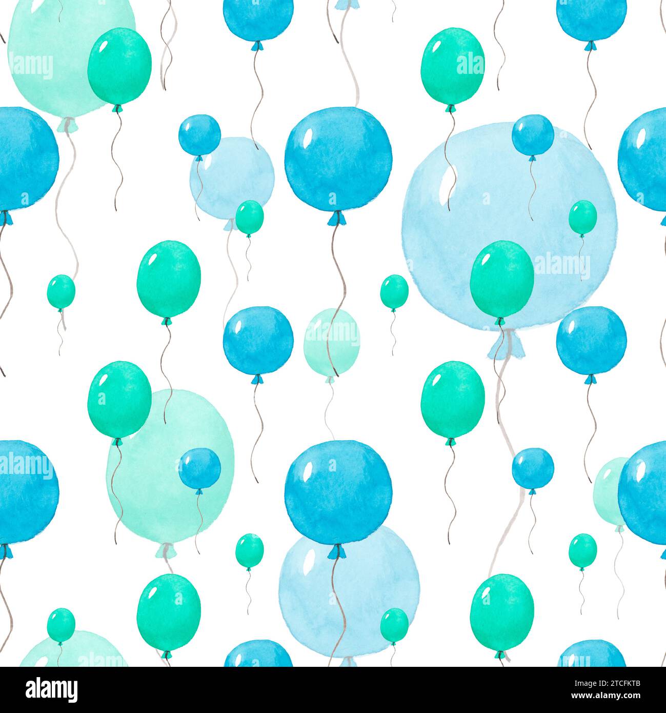 Nahtloses Muster Aquarellblau, grüne Ballons isoliert auf weißem Hintergrund. Handgemalte Aquarellillustration. Kunstdruck für Urlaubsdesign Stockfoto