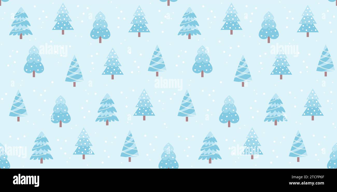 Nahtloses Muster mit blauen Weihnachtsbäumen auf pastellblauem Hintergrund. Illustration des flachen Vektors Stock Vektor