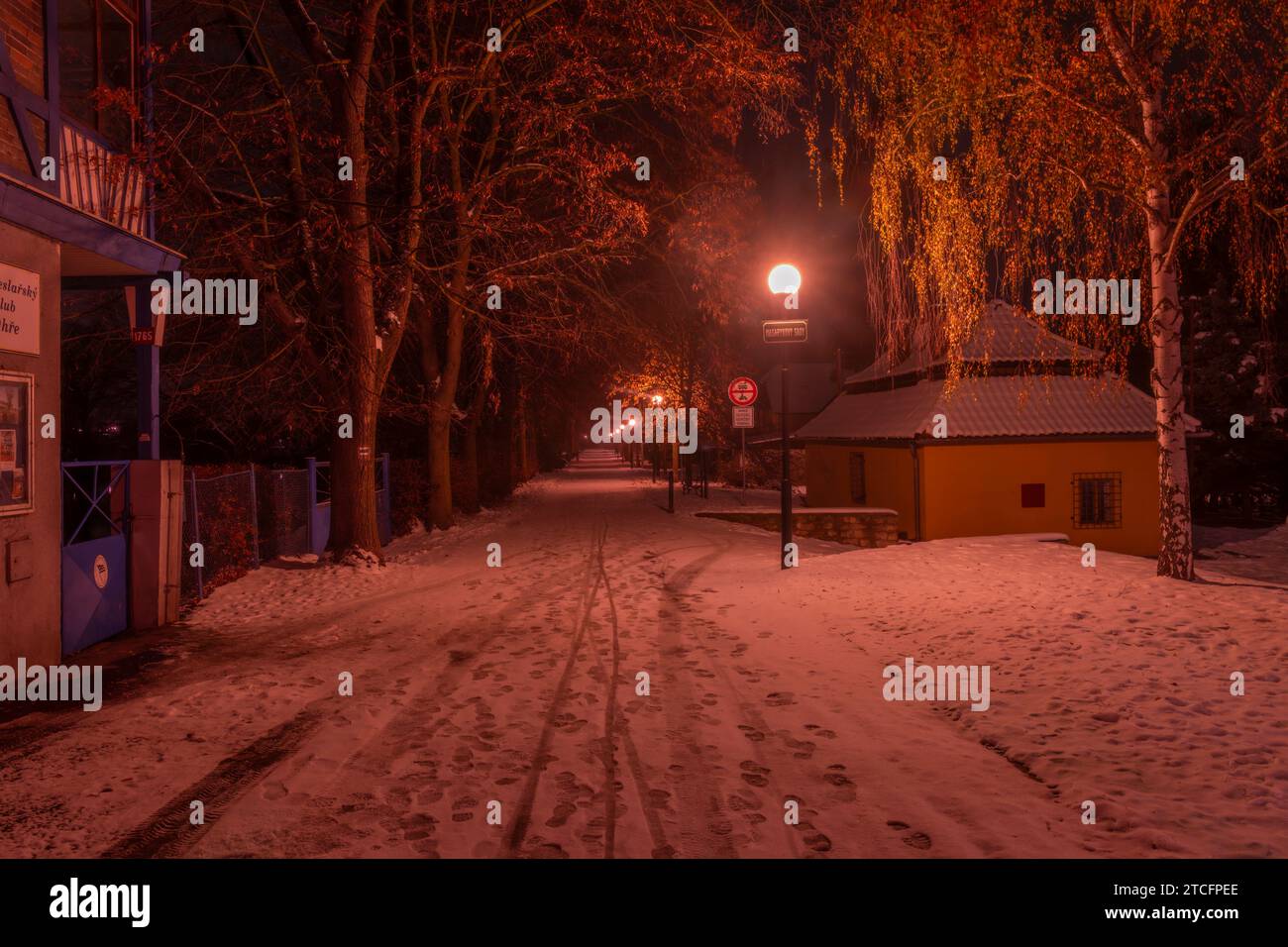 Morgenpark der nordböhmischen Stadt in der Nacht im dunklen Louny CZ 12 09 2023 Stockfoto