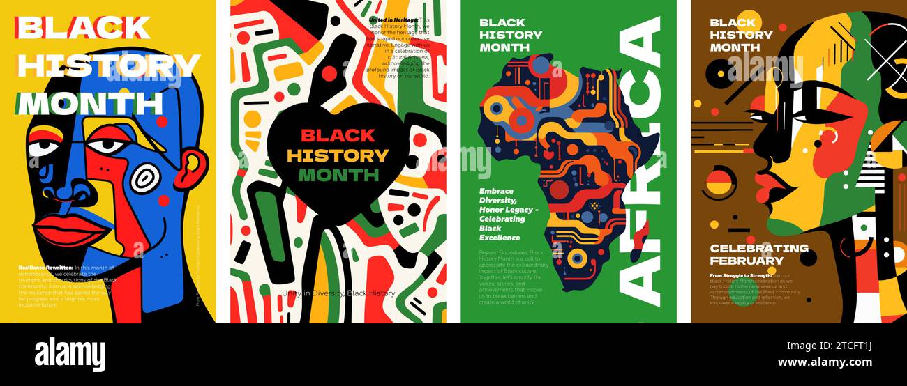 Abstraktes grafisches Poster des Black History Month. Die Rechte und Kultur der Afroamerikaner feiern im Februar. Modernes kreatives Plakat mit farbigen Personen. Afrika- und Afro-Muster-Kunst-Design-Vektordrucke Stock Vektor