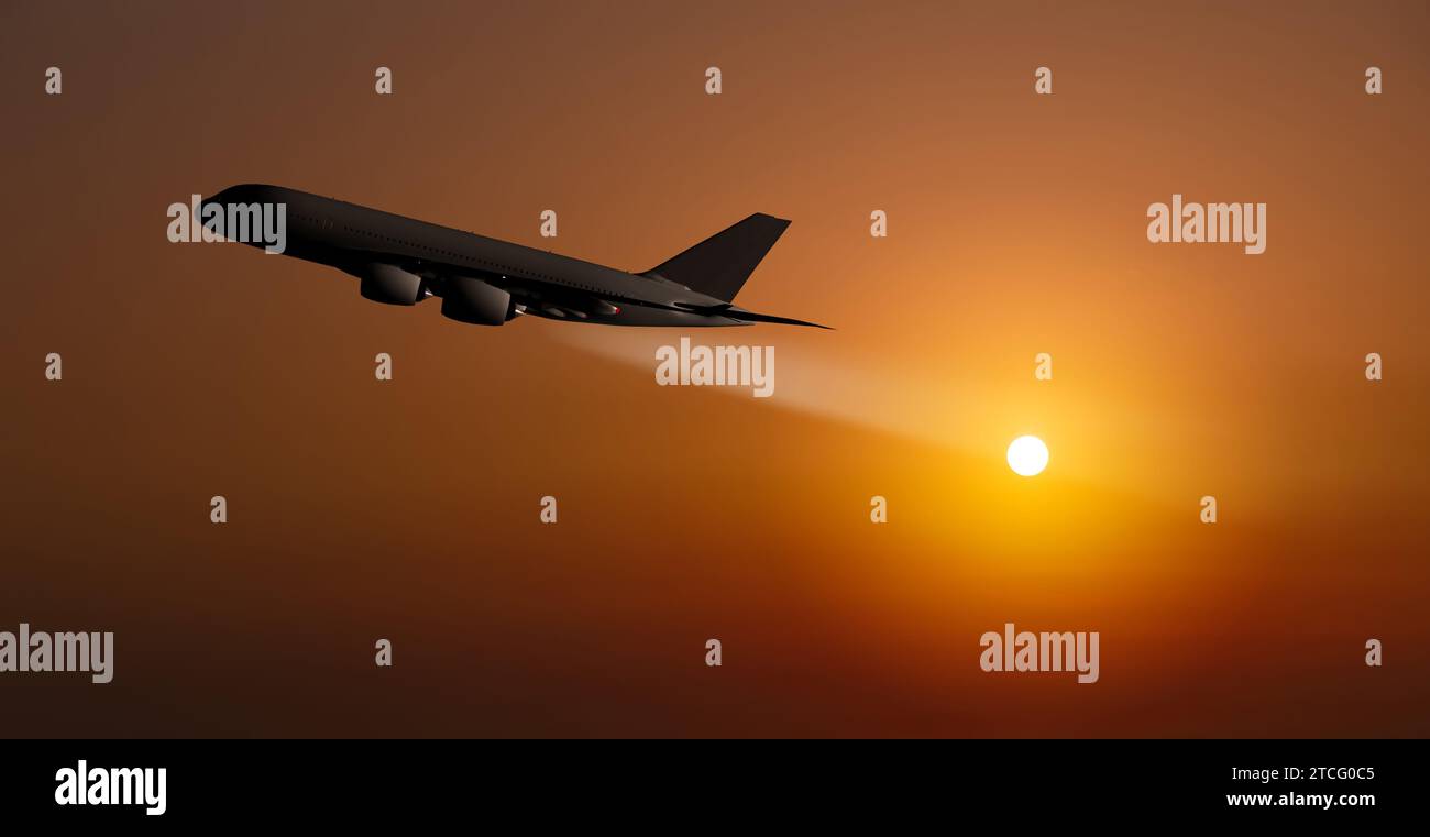 Passagierflugzeug auf dem Hintergrund des Sonnenuntergangs Stockfoto