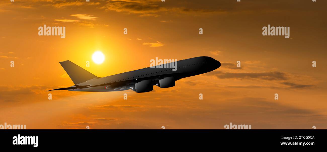 Passagierflugzeug auf dem Hintergrund des Sonnenuntergangs Stockfoto