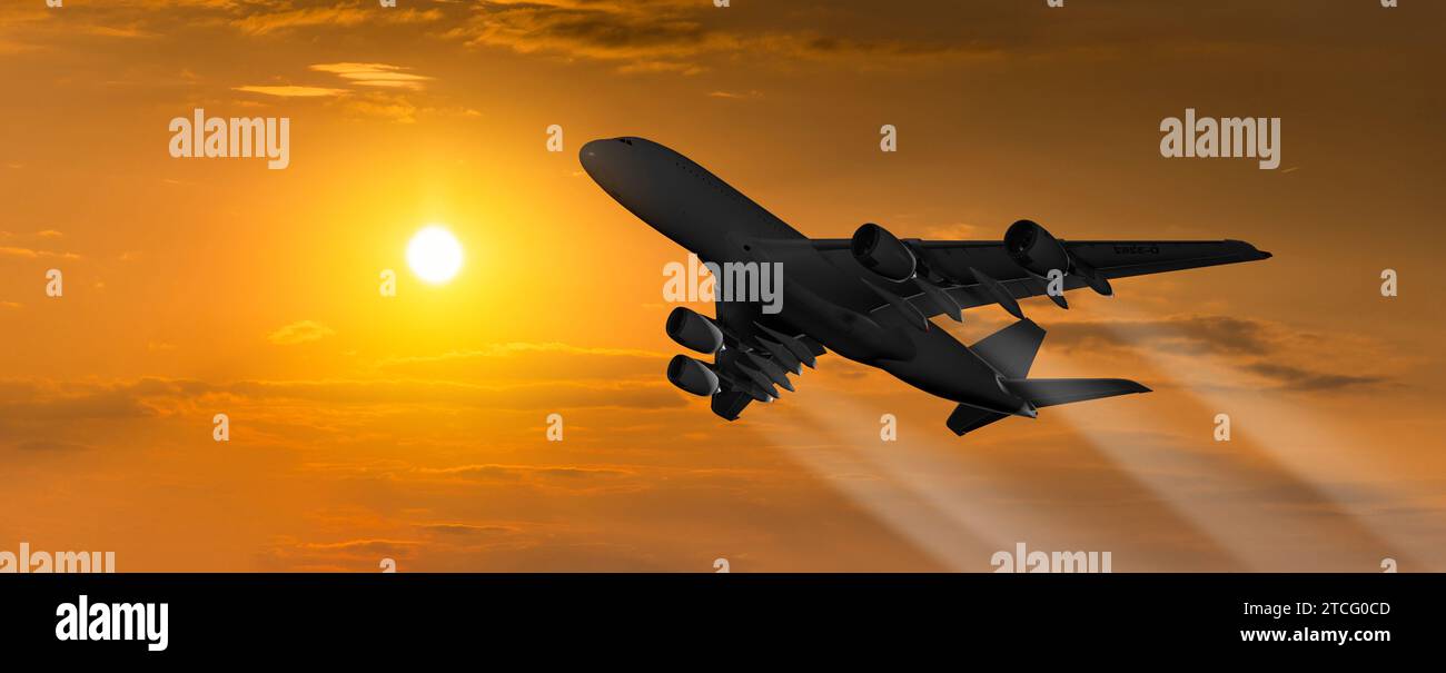 Passagierflugzeug auf dem Hintergrund des Sonnenuntergangs Stockfoto