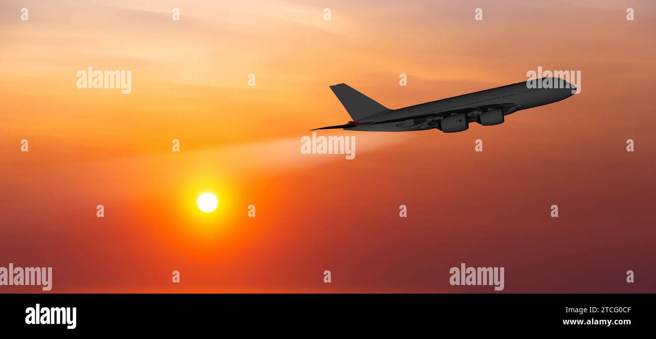 Passagierflugzeug auf dem Hintergrund des Sonnenuntergangs Stockfoto