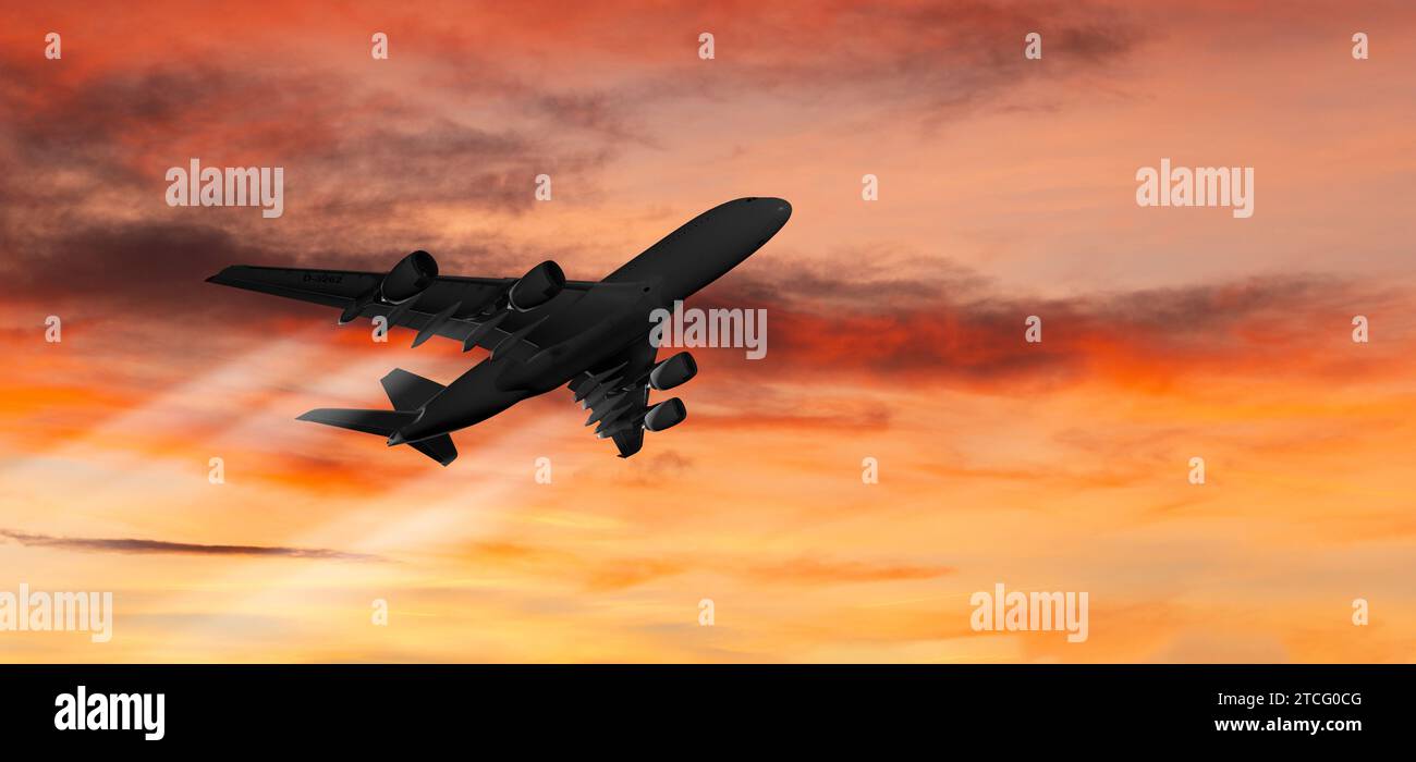 Passagierflugzeug auf dem Hintergrund des Sonnenuntergangs Stockfoto