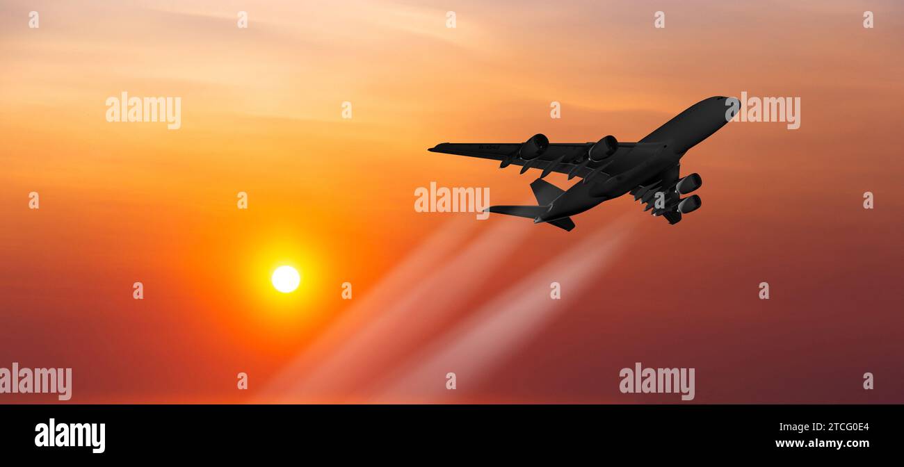 Passagierflugzeug auf dem Hintergrund des Sonnenuntergangs Stockfoto