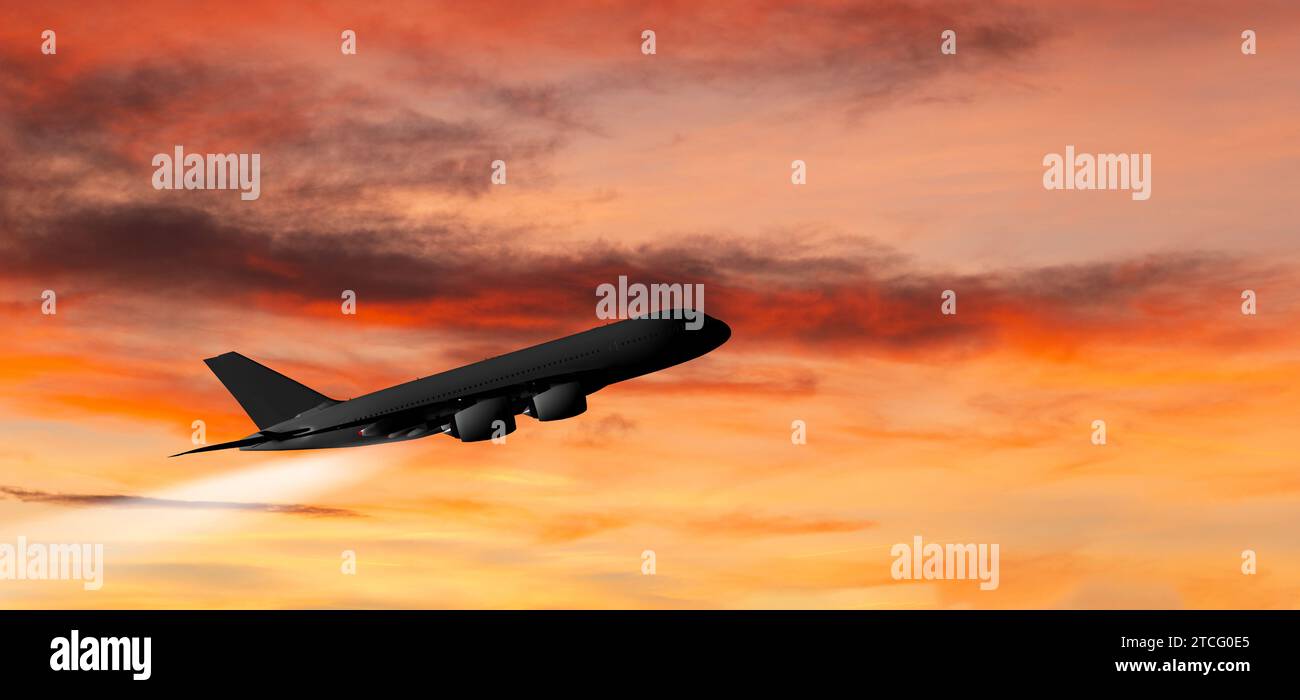 Passagierflugzeug auf dem Hintergrund des Sonnenuntergangs Stockfoto