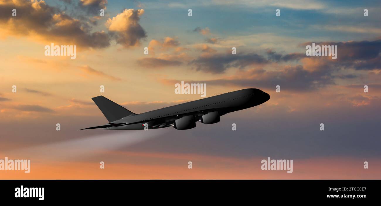 Passagierflugzeug auf dem Hintergrund des Sonnenuntergangs Stockfoto