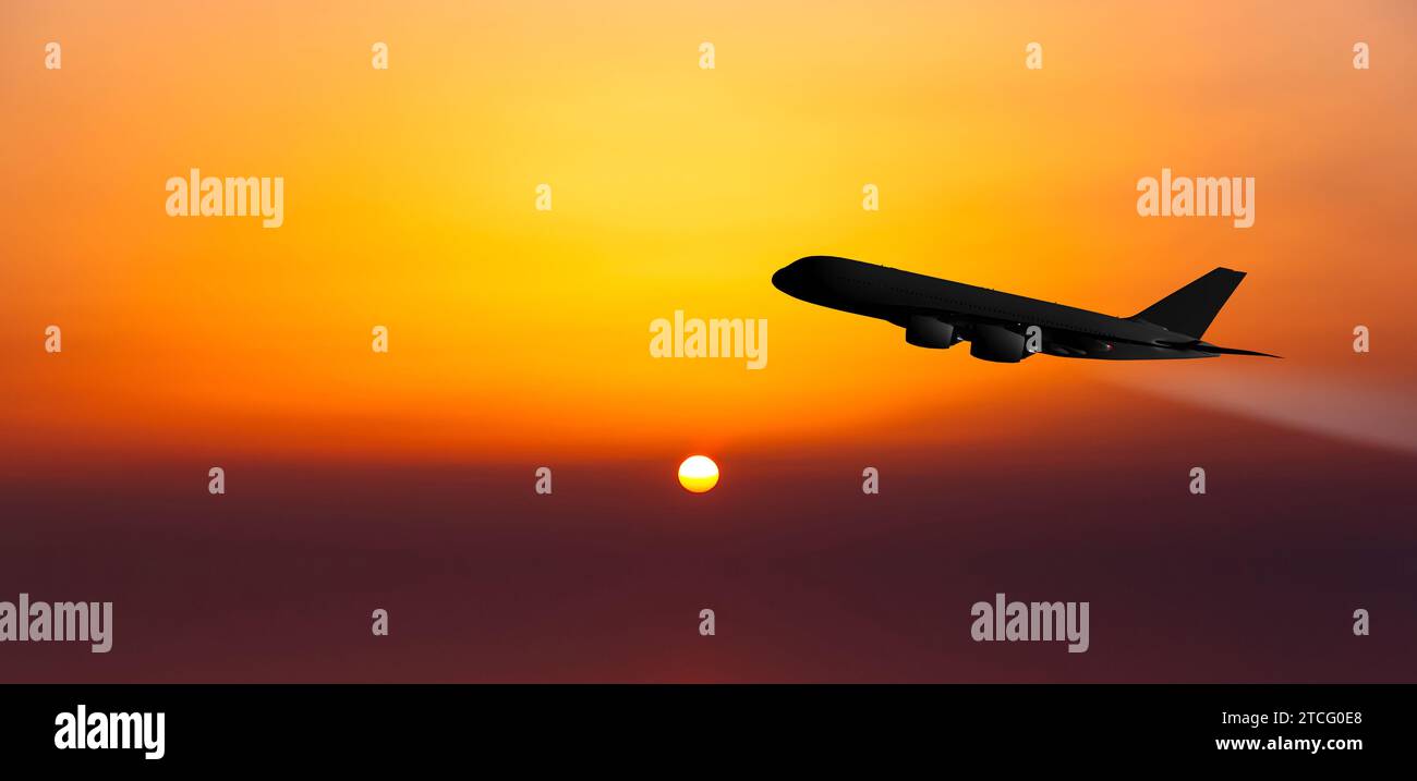 Passagierflugzeug auf dem Hintergrund des Sonnenuntergangs Stockfoto