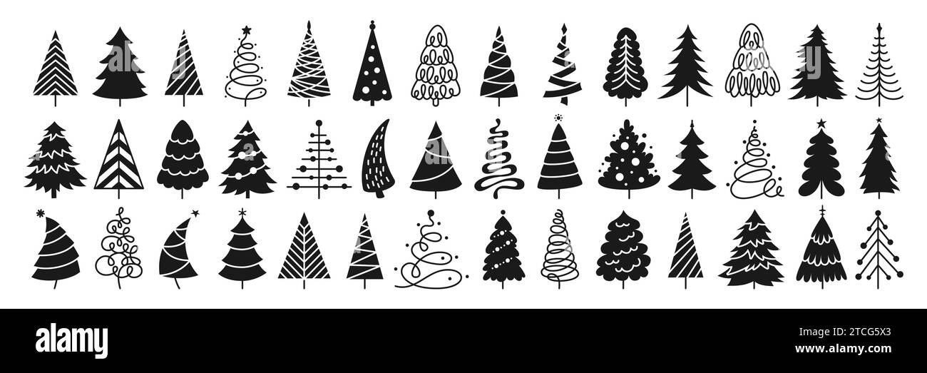 Set mit Weihnachtsbaum-Silhouette. Silvester und Weihnachten traditionelle Symbolbäume, Kiefernform Design für Grußkarte, Einladung, Banner Poster. Verschiedene Weihnachtsbaum Hand gezeichneter Stempel Schablone Vektor Stock Vektor