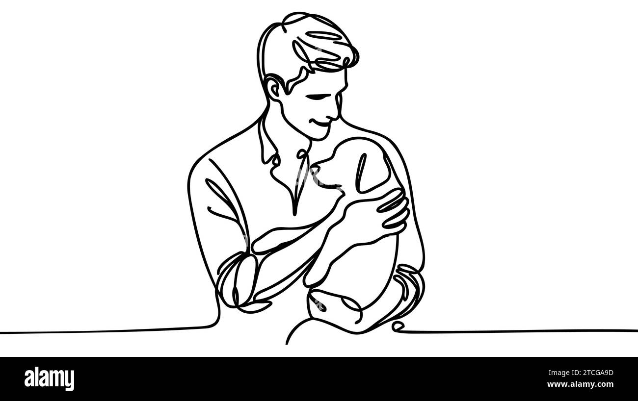 Der Mann hält einen Hund in der Hand oder geht mit ihm - ein-Linien-Kunstvektor. Hundebesitzer, Hundepflege. Stock Vektor