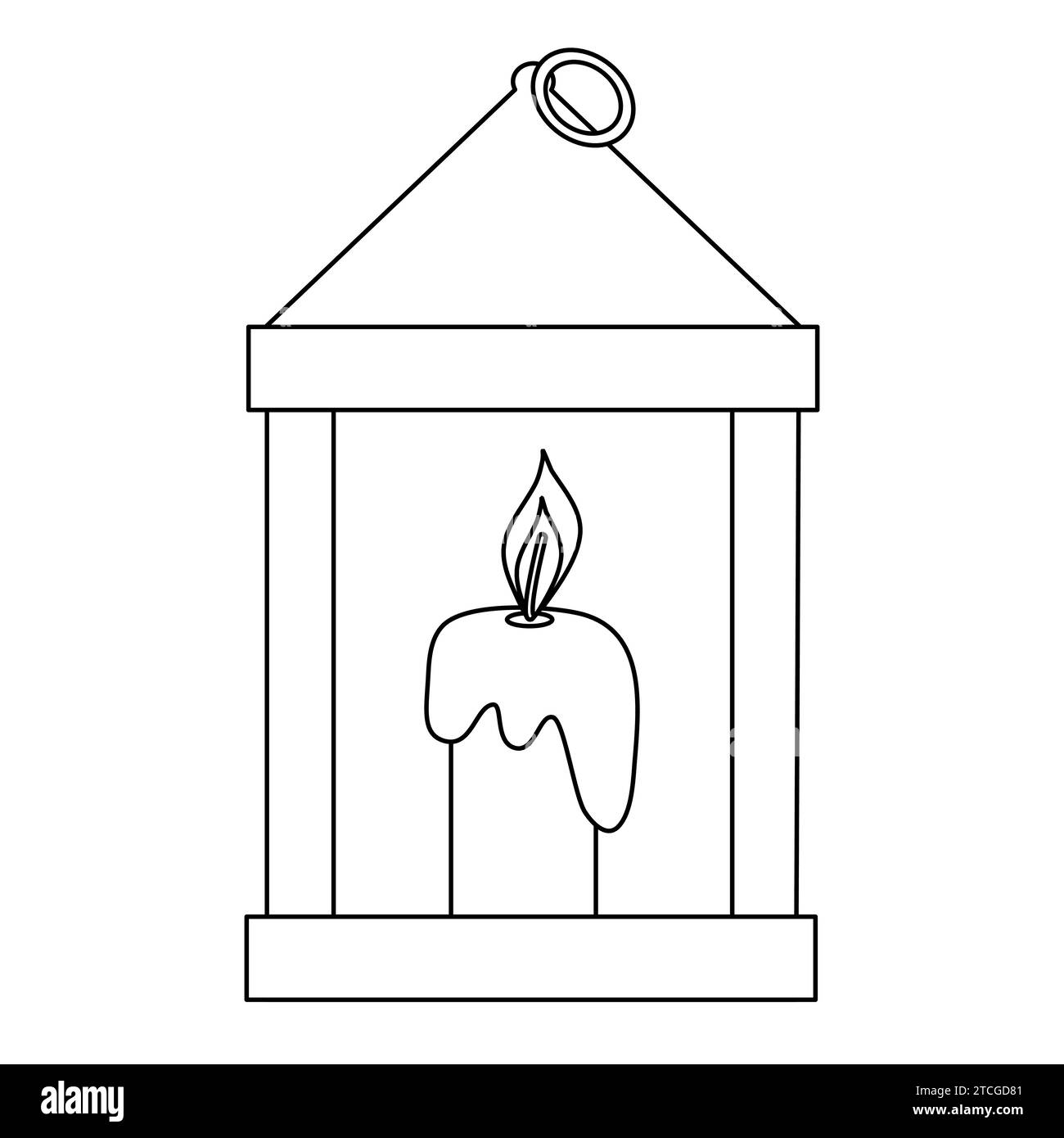Altmodische Laterne mit brennender Kerze, Vorderansicht, Doodle-Stil flache Vektor-Umrissillustration für Kinder Malbuch Stock Vektor